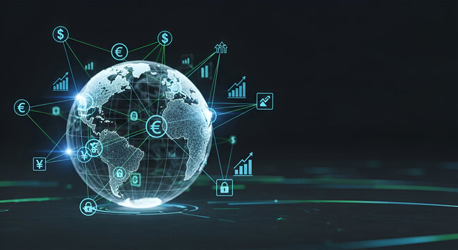 Digital globe with financial symbols and connections, representing global business and technology.