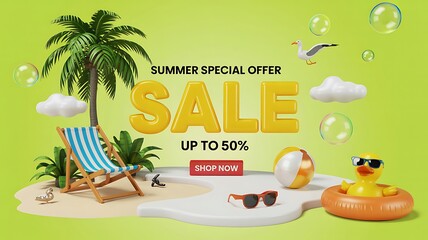 Fototapeta premium Summer special offer sale up to 50 with beach elements and palm tree background