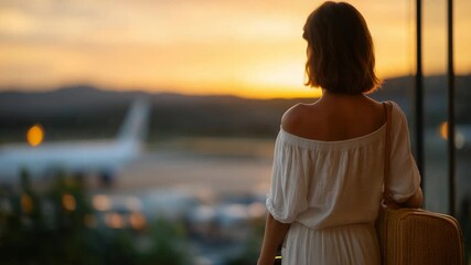 A stylish woman in a casual chic outfit admires a taxiing airplane at sunset, with warm orange light streaming through large glass windows.