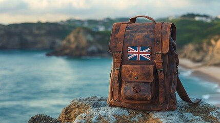 A vintage leather backpack with the British flag overlooks a rugged coastal landscape.