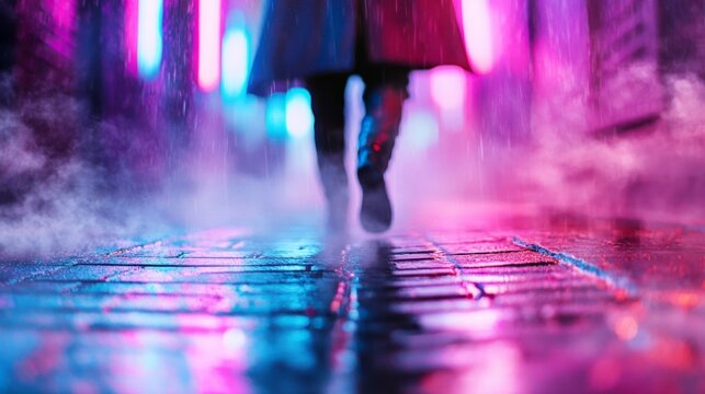 A lone figure walks a rainy cyberpunk street with neon reflections. - Powered by Adobe