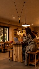Fototapeta premium Girl working on laptop in a cafe
