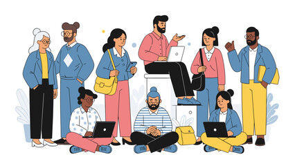 Diverse group of people working together with laptops and phones. Modern flat illustration depicting digital collaboration and community.