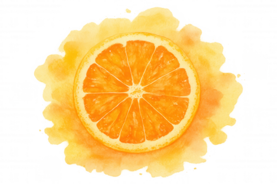 Juicy orange fruit slice with watercolor splash, expressing freshness and natural sweetness on transparent background
