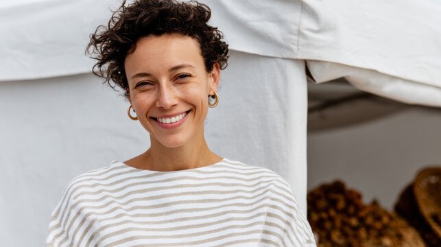 A cheerful Hispanic woman in a striped shirt exudes warmth at a farmers' market, echoing World Smile Day and Harvest Festival joy