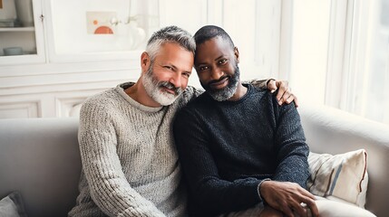 Mature couple relaxing on sofa, embracing affectionately in bright living room. Peaceful domestic moment of warmth and togetherness