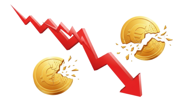 Isolated Economy falling down with red arrow and broken euro coins, financial crisis - Powered by Adobe