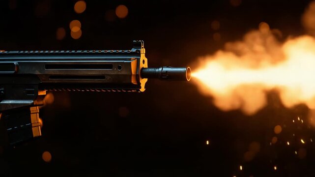 Close up of assault rifle firing with muzzle flash and smoke.