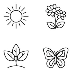 Fototapeta premium Vector art of spring icons sun, flower, plant, butterfly