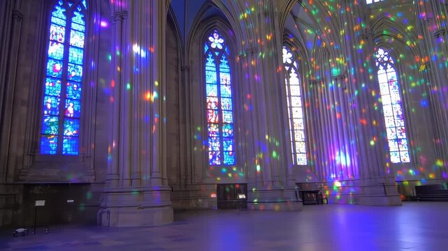Interior of a grand hall, illuminated by vibrant light patterns from stained glass windows