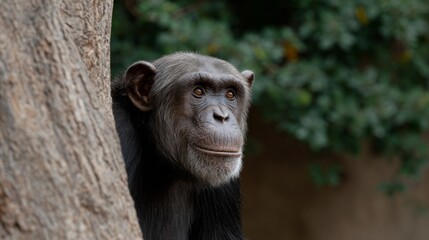 Calm chimpanzee peers from tree, exuding zen-like wisdom, reminiscent of World Animal Day or Primate Awareness Week