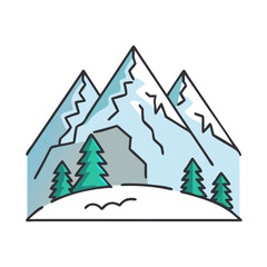 Obraz premium Vector art of minimalist vector art depicting sharp, snowcovered mountain peaks with a few evergreen trees in the foreground, evoking a sense of winter wilderness and outdoor exploration