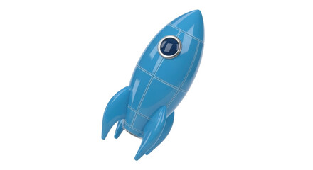 Isolated blue vintage-style rocket ship model, spaceship launch, cosmic startup idea concept