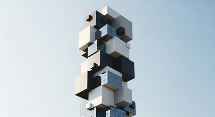 Modern architecture featuring a unique building with stacked cube design against a clear blue sky, showcasing innovative architectural concept and design