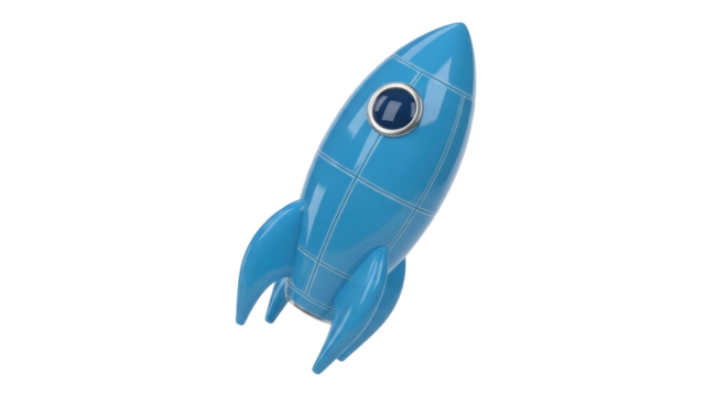 Isolated blue vintage-style rocket ship model, spaceship launch, cosmic startup idea concept