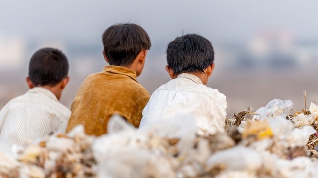 Children of diverse Asian descent, gazing over recycled horizons, echoing Earth Day's call and Global Recycling Week's promise - Powered by Adobe