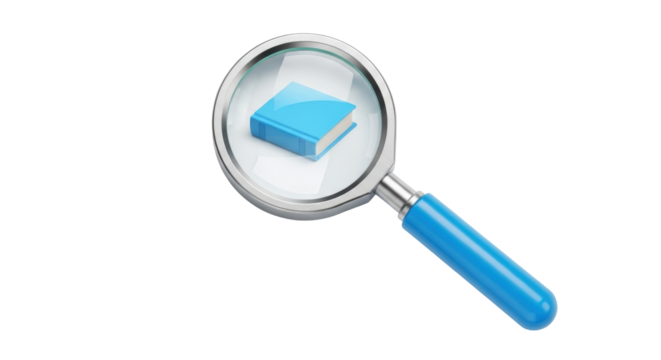 Isolated blue book under magnifying glass concept, search or research of knowledge