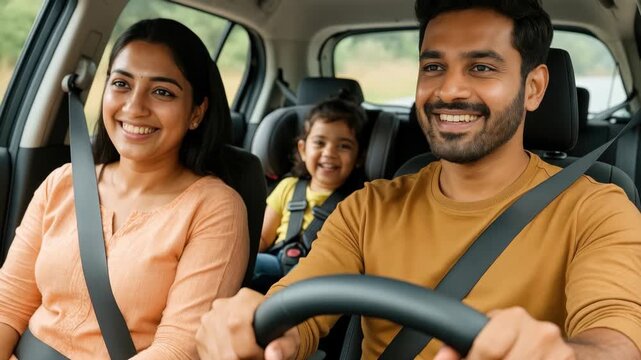 A cheerful family enjoys a car ride, captured from a front-facing angle. The video style conveys warmth and togetherness, highlighting smiles and safety.