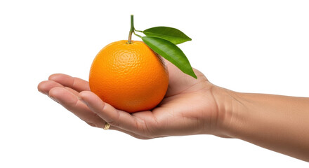 Isolated view of an orange fruit with two leaves held up by a hand with a gold ring on it
