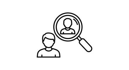 Simple line drawing illustrating a person being examined through a magnifying glass, representing investigation.
