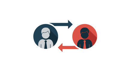 Two stylized figures exchanging positions, indicated by opposing arrows in a circular design.