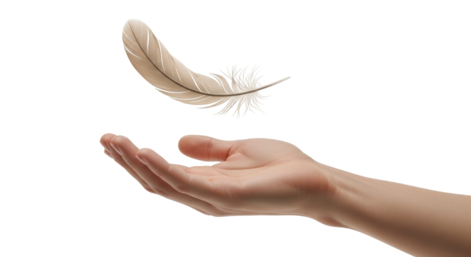 Isolated view of a person's hand reaching for a feather in an angelic concept shot