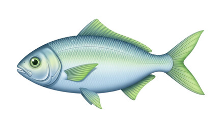 Isolated fish in a light blue with green fins and scales, a side view in profile