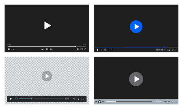 Video player. Media interface with screen and control icons, play button. Multimedia online player for computer website movie, phone stream app. Vector isolated template set