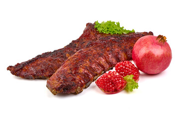Barbecue Ribs with Pomegranate and Lettuce, isolated on white background