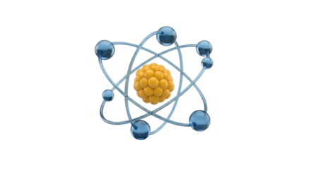 Isolated atom model with particles orbiting nucleus, science and technology concept