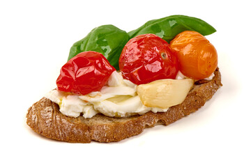 Bruschetta, Tomato, Basil, Garlic, Mozzarella, isolated on white background
