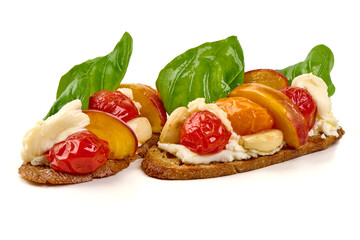 Bruschetta Topped Peach Tomato Basil, isolated on white background