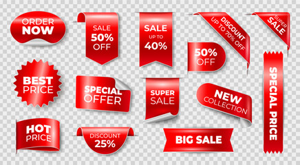 Realistic red label. Sale tag ribbon, new collection banner, price discount sticker. Product promotion badge, corner. Special offer business 3D emblem, header. Vector isolated set