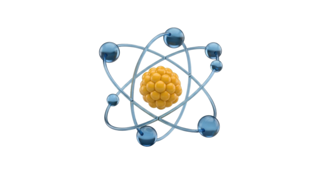 Isolated atom model with particles orbiting nucleus, science and technology concept