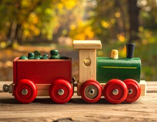 Wooden train toy on a rustic wooden surface, autumnal backdrop