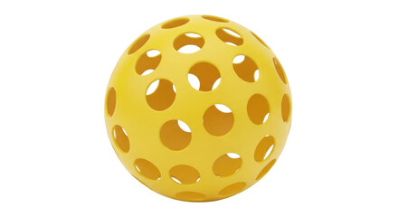 Isolated yellow perforated plastic ball, spherical object with many round holes, indoor ball sport