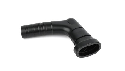 A black, angled hose attachment featuring a ribbed section, curved elbow joint, and an oval opening on a white backdrop