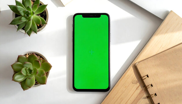 Smartphone with a green screen, two succulents, and a notebook on a white surface, top view