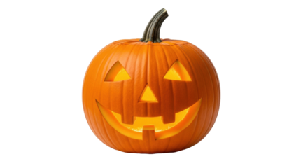 Isolated Jack-o'-Lantern, Halloween Pumpkin, Glowing Face, Carved Holiday Decor with Stem
