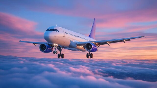 A plane soars towards the sunset horizon, its glowing fuselage reflecting golden light, as passengers anticipate their summer vacation escape.
