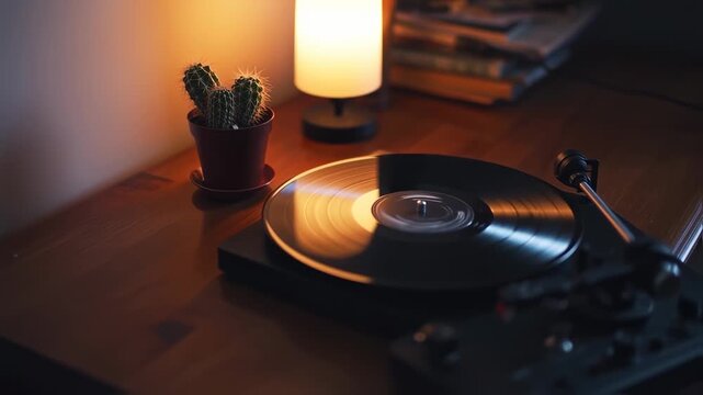 A turntable plays a vinyl record illuminated by soft light, a cactus nearby. A stack of books rests in the background
