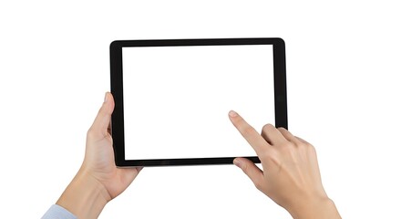 Close-up of hands using a generic white tablet with a blank screen, perfect as a versatile technology advertising visual.
