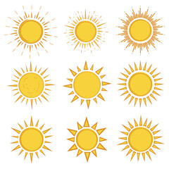 Collection of nine hand drawn yellow sun illustrations with radiating rays in a grid layout