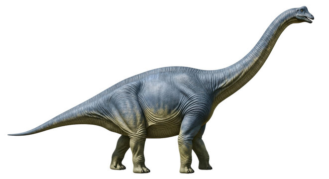 Isolated sauropod dinosaur on display, side view, a herbivorous giant with long neck and tail