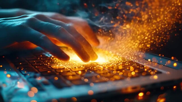 video A close-up view of someone working on their laptop, with hands moving quickly across the keyboard