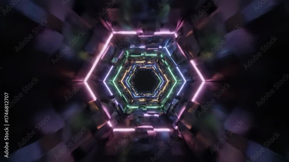 Wall mural pulsating seamlessly looping abstract rainbow hexagon tunnel with vivid neon colors fluid, pulse, ex