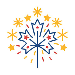 Obraz premium Vector art of stylized canadian maple leaf with fireworks and stars in blue, red, and yellow, isolated on a, representing national celebration and patriotism