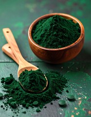 Green powder in bowl and spoon