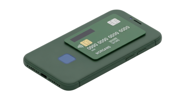 Isolated close-up of a cellphone with credit card holder on back for electronic payment use