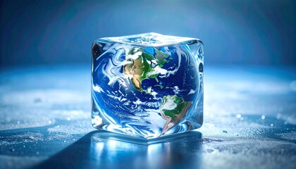 Planet Earth, shaped like an ice cube slowly melting away, a powerful reminder of the urgent need to take action against climate change